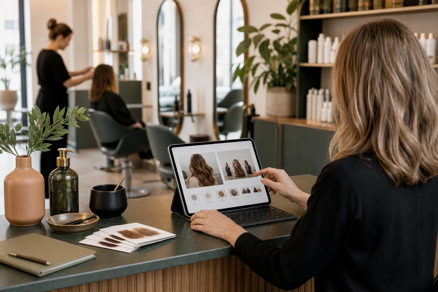 Saloninhaberin prüft in einem hellen Friseursalon einen modernen Website-Entwurf auf einem Tablet neben Terminnotizen und Haarpflegewerkzeugen.