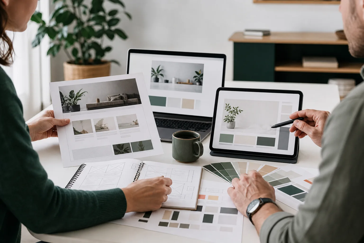 Webberater und Unternehmer prüfen in einem hellen Büro alte Website-Skizzen und einen modernen Redesign-Entwurf auf Laptop und Tablet.