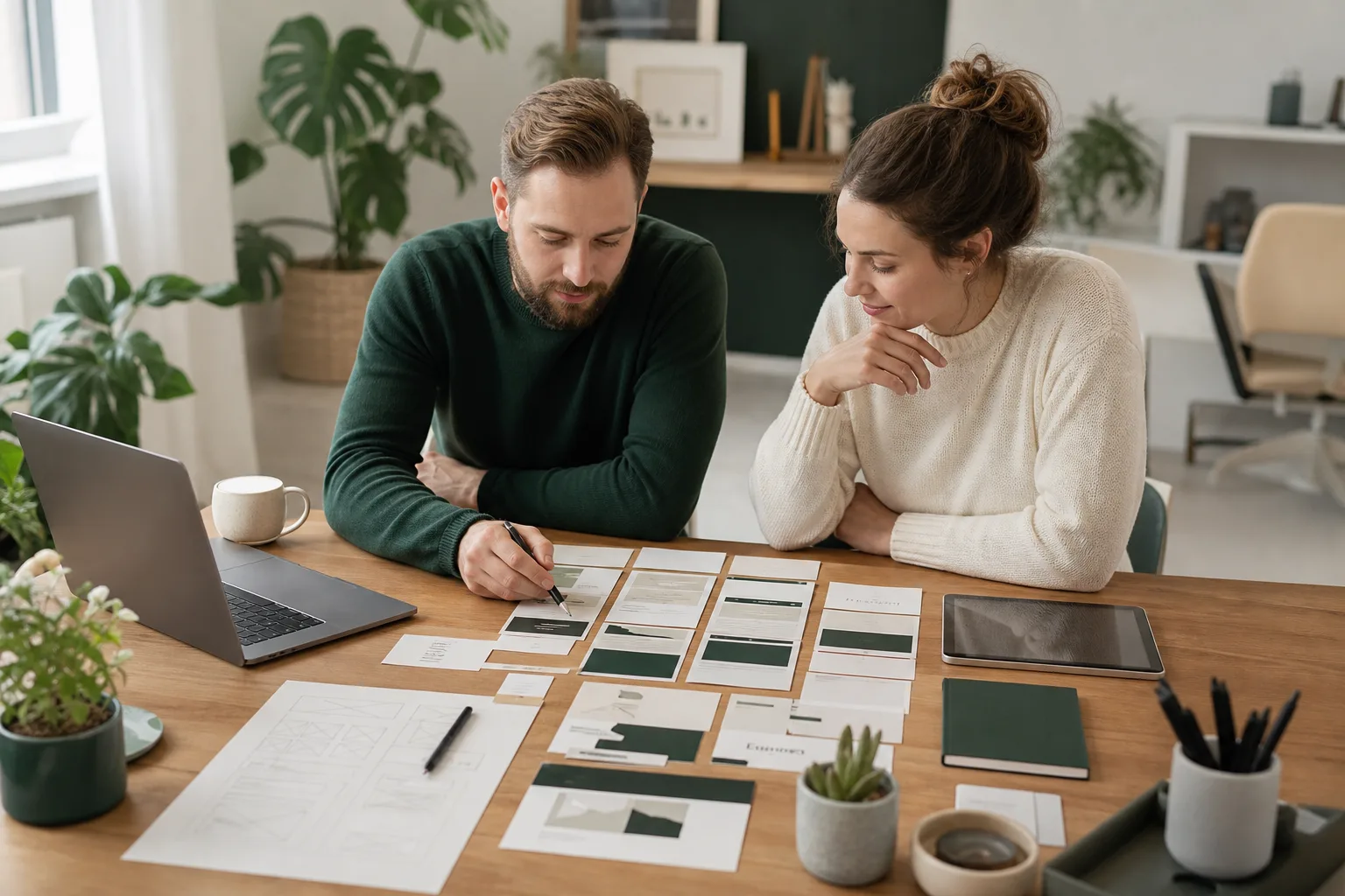 Webdesigner und Unternehmerin planen in einem hellen Studio die Abschnitte einer kompakten Onepage-Website auf Laptop, Tablet und Papierkarten.