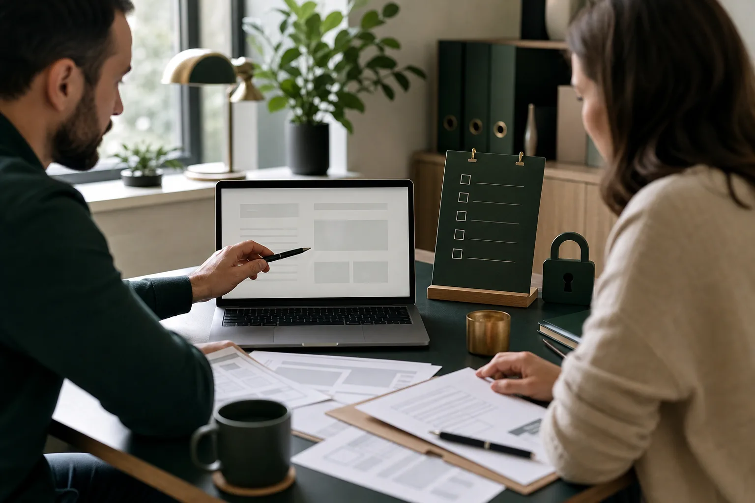 Webdesigner und Unternehmerin prüfen an einem Schreibtisch Website-Struktur, Datenschutzunterlagen und Sicherheitsaspekte ohne lesbare Rechtstexte.