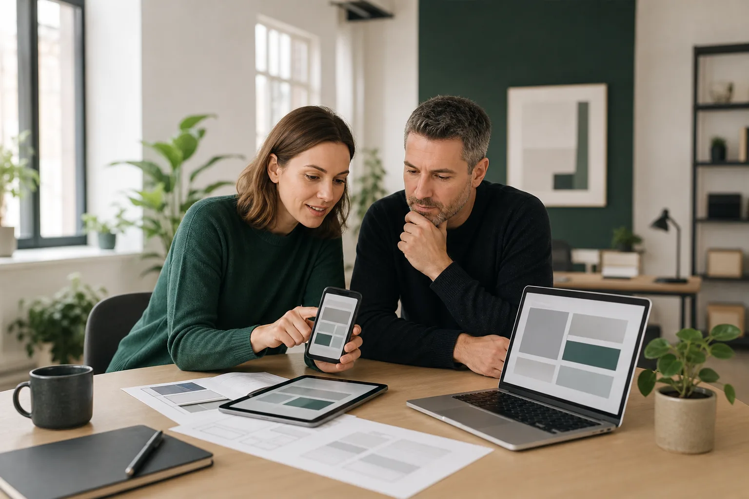 Webdesigner und Unternehmerin prüfen in einem modernen Büro Smartphone-Layouts für eine Mobile-First-Website auf mehreren Geräten.